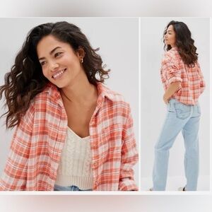 American Eagle Oversized Orange Plaid Crop Boxy Button-Up Flannel Shirt. Small